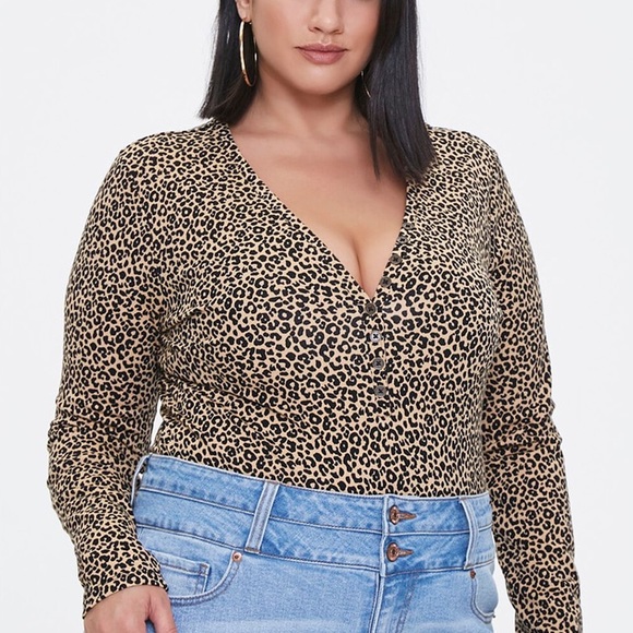 NWOT Forever 21 Long Sleeve Leopard Print Bodysuit Beige - Picture 1 of 9
